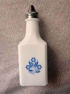 Vintage VanPak Milk Glass "Blue Cornflower" Vinegar Bottle with Metal Cap. Great